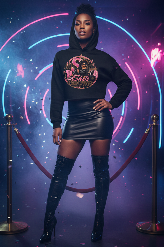 SG Crop Hoodie - Dark complexion model with heels